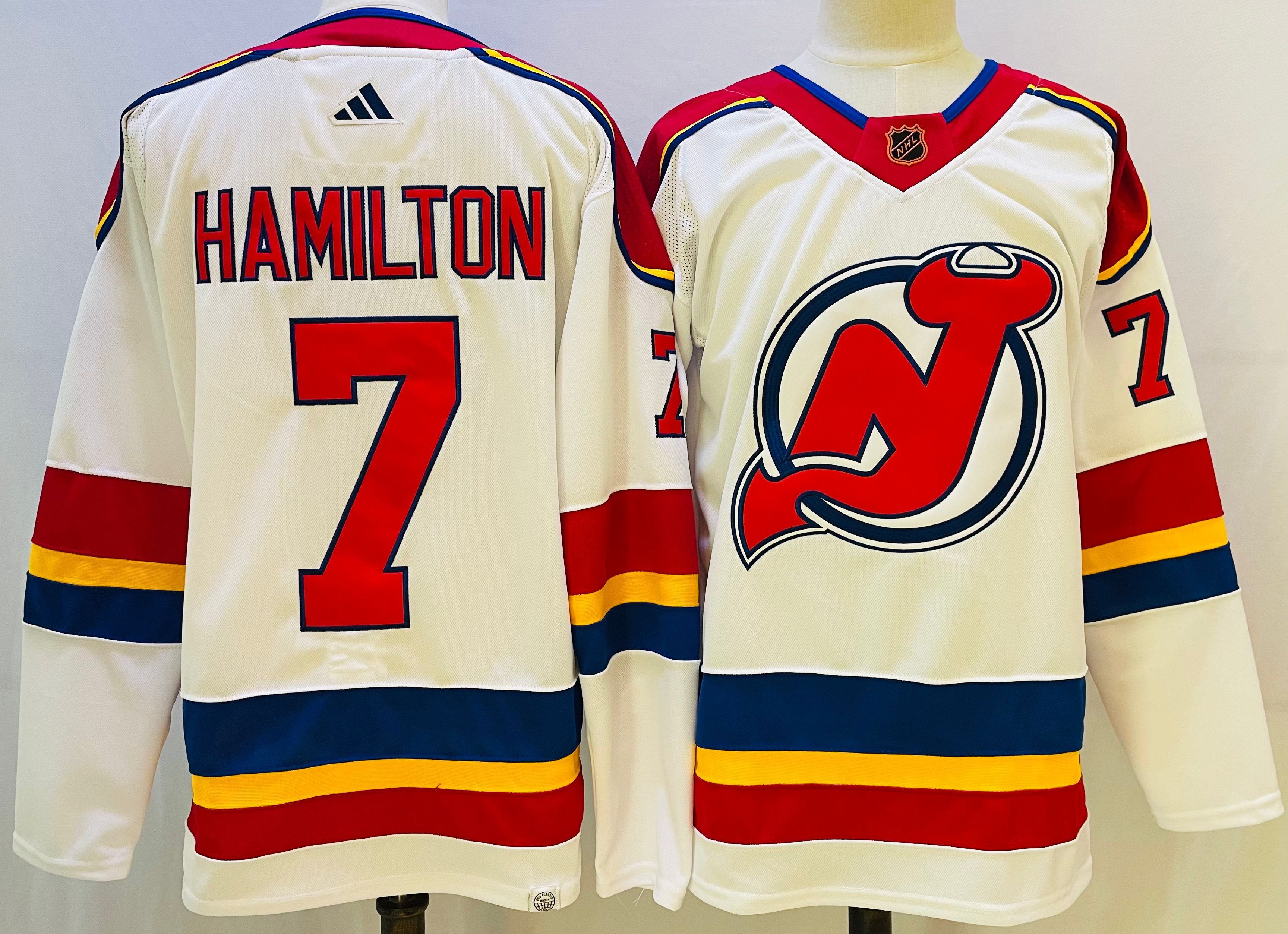 Men New Jersey Devils #7 Hamilton White Throwback 2022 Adidas NHL Jersey